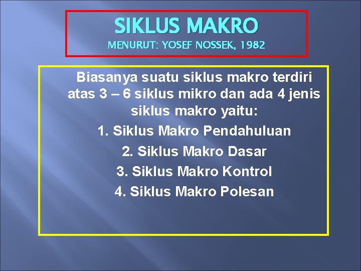 SIKLUS MAKRO MENURUT: YOSEF NOSSEK, 1982 Biasanya suatu siklus makro terdiri atas 3 –