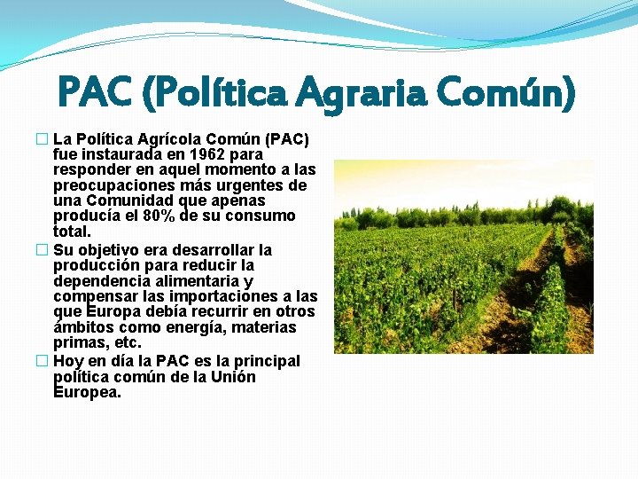 PAC (Política Agraria Común) � La Política Agrícola Común (PAC) fue instaurada en 1962