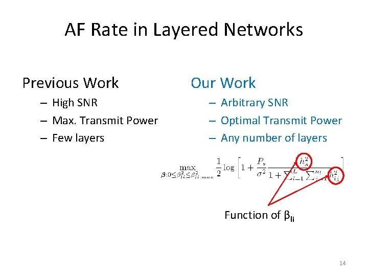 AF Rate in Layered Networks Previous Work – High SNR – Max. Transmit Power