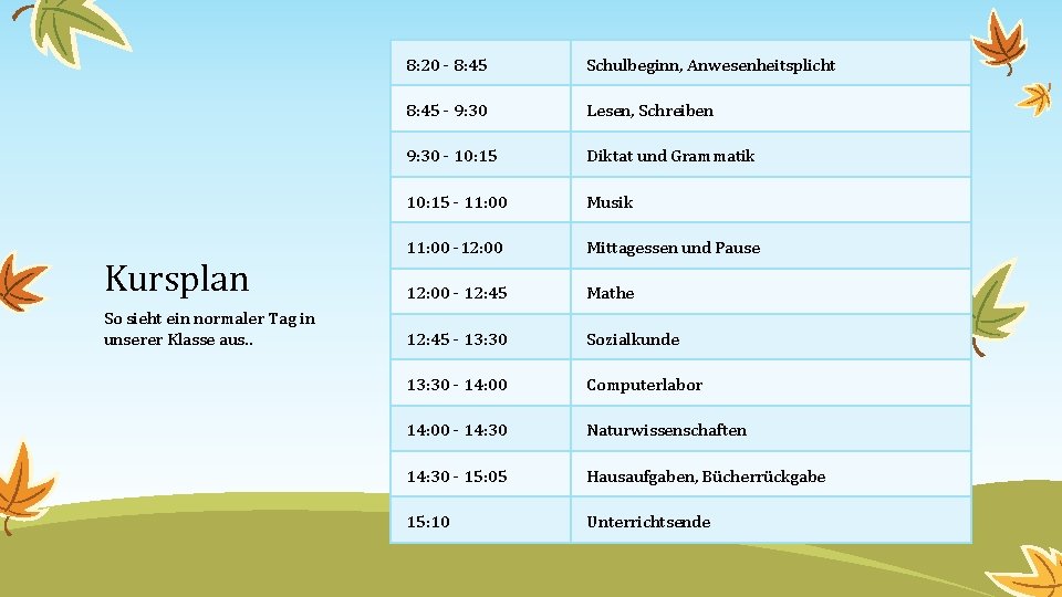 Kursplan So sieht ein normaler Tag in unserer Klasse aus. . 8: 20 -