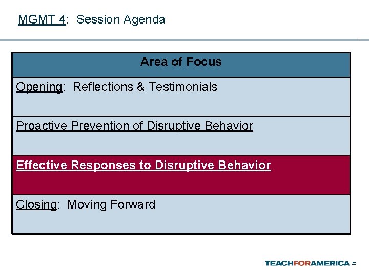 MGMT 4: Session Agenda Area of Focus Opening: Reflections & Testimonials Proactive Prevention of