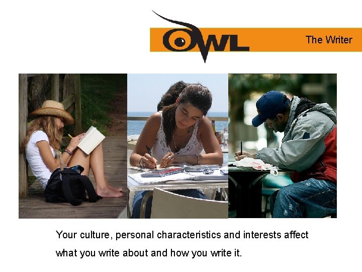 The Writer Your culture, personal characteristics and interests affect what you write about and