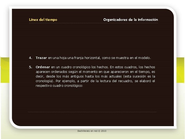 Línea del tiempo Organizadores de la información 4. Trazar en una hoja una franja