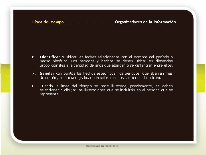 Línea del tiempo Organizadores de la información 6. Identificar y ubicar las fechas relacionadas