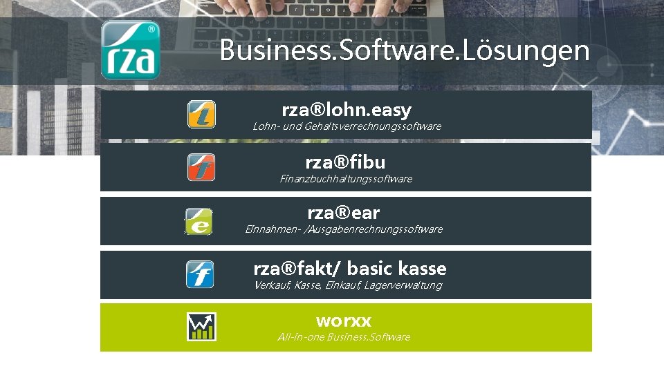 Business. Software. Lösungen rza®lohn. easy Lohn- und Gehaltsverrechnungssoftware rza®fibu Finanzbuchhaltungssoftware rza®ear Einnahmen- /Ausgabenrechnungssoftware rza®fakt/