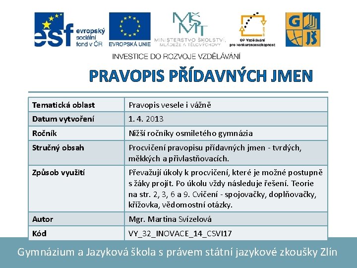 PRAVOPIS PŘÍDAVNÝCH JMEN Tematická oblast Pravopis vesele i vážně Datum vytvoření 1. 4. 2013