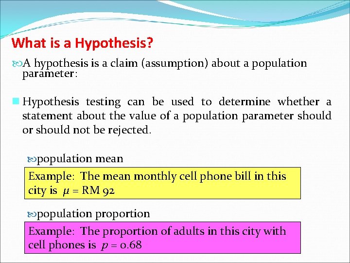 What is a Hypothesis? A hypothesis is a claim (assumption) about a population parameter: