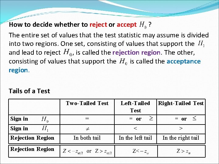 How to decide whether to reject or accept ? The entire set of values