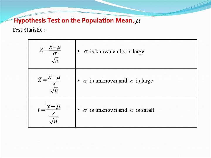 Hypothesis Test on the Population Mean, Test Statistic : • is known and n