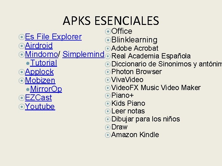 APKS ESENCIALES ⦿Office ⦿Blinklearning ⦿Es File Explorer ⦿Airdroid ⦿ Adobe Acrobat ⦿Mindomo/ Simplemind ⦿