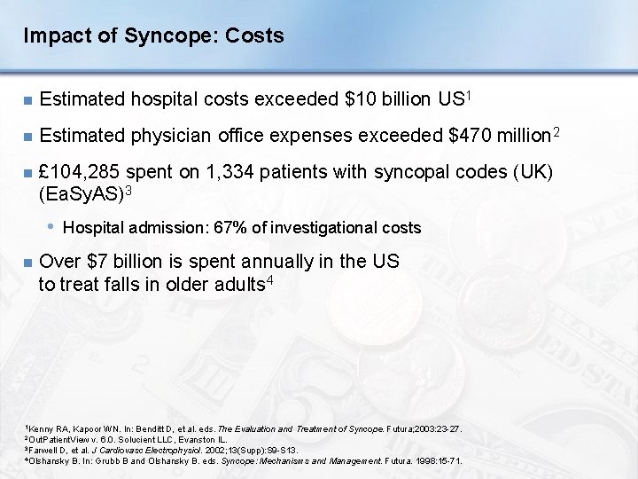 Impact of Syncope: Costs n Estimated hospital costs exceeded $10 billion US 1 n