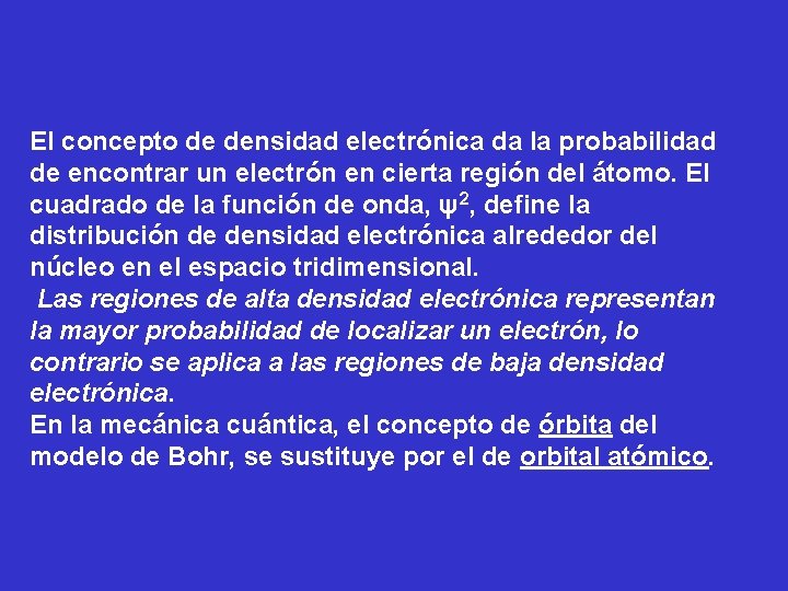 El concepto de densidad electrónica da la probabilidad de encontrar un electrón en cierta