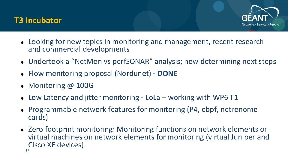 T 3 Incubator Looking for new topics in monitoring and management, recent research and