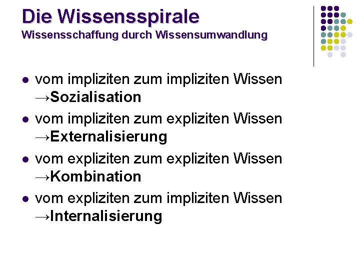 Die Wissensspirale Wissensschaffung durch Wissensumwandlung l l vom impliziten zum impliziten Wissen →Sozialisation vom Die Wissensspirale Wissensschaffung durch Wissensumwandlung l l vom impliziten zum impliziten Wissen →Sozialisation vom