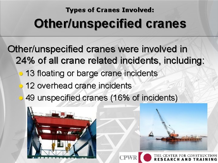 Types of Cranes Involved: Other/unspecified cranes were involved in 24% of all crane related