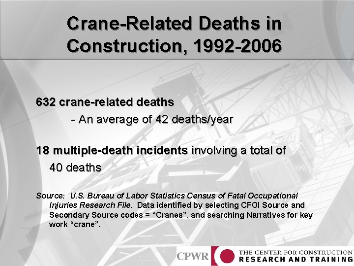 Crane-Related Deaths in Construction, 1992 -2006 632 crane-related deaths - An average of 42