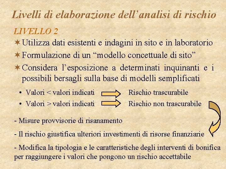 Livelli di elaborazione dell’analisi di rischio LIVELLO 2 ¬ Utilizza dati esistenti e indagini