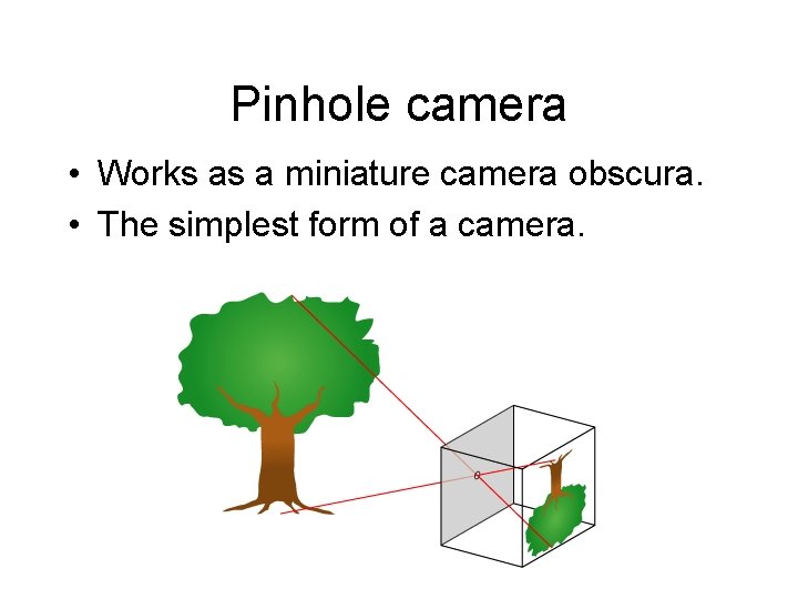 Pinhole camera • Works as a miniature camera obscura. • The simplest form of