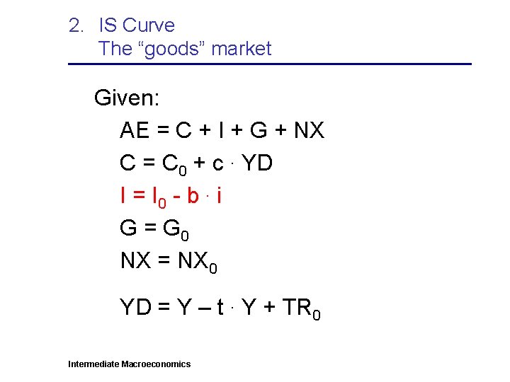 2. IS Curve The “goods” market Given: AE = C + I + G