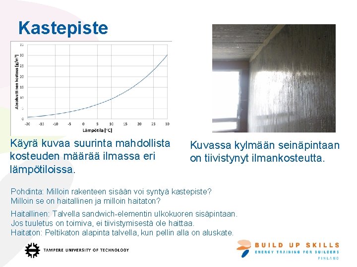 Kastepiste Käyrä kuvaa suurinta mahdollista kosteuden määrää ilmassa eri lämpötiloissa. Kuvassa kylmään seinäpintaan on