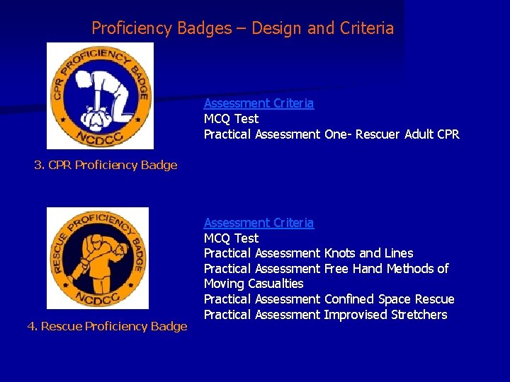 Proficiency Badges – Design and Criteria Assessment Criteria MCQ Test Practical Assessment One- Rescuer Proficiency Badges – Design and Criteria Assessment Criteria MCQ Test Practical Assessment One- Rescuer