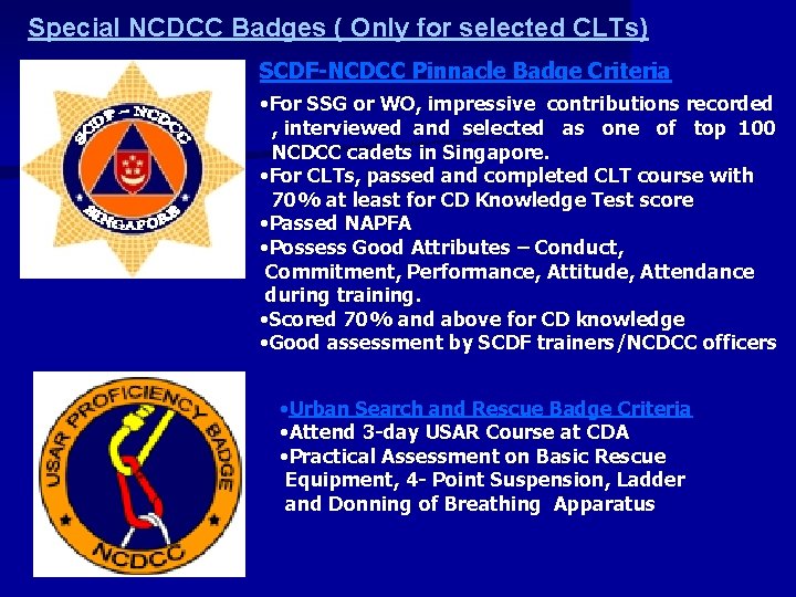 Special NCDCC Badges ( Only for selected CLTs) SCDF-NCDCC Pinnacle Badge Criteria • For Special NCDCC Badges ( Only for selected CLTs) SCDF-NCDCC Pinnacle Badge Criteria • For