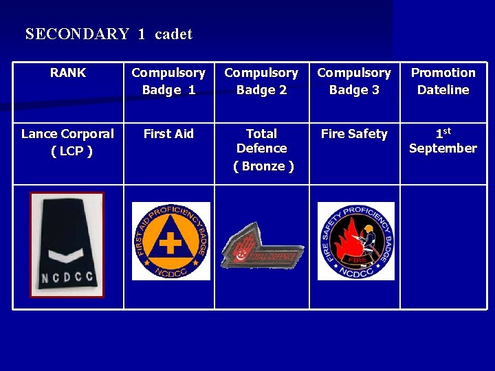SECONDARY 1 cadet RANK Compulsory Badge 1 Compulsory Badge 2 Compulsory Badge 3 Promotion SECONDARY 1 cadet RANK Compulsory Badge 1 Compulsory Badge 2 Compulsory Badge 3 Promotion