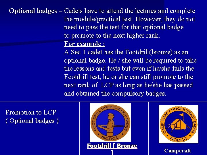 Optional badges – Cadets have to attend the lectures and complete the module/practical test. Optional badges – Cadets have to attend the lectures and complete the module/practical test.