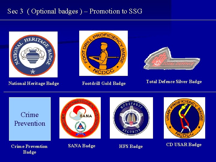 Sec 3 ( Optional badges ) – Promotion to SSG National Heritage Badge Footdrill Sec 3 ( Optional badges ) – Promotion to SSG National Heritage Badge Footdrill