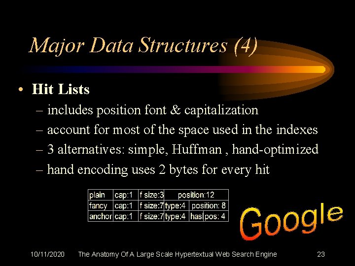 Major Data Structures (4) • Hit Lists – includes position font & capitalization –