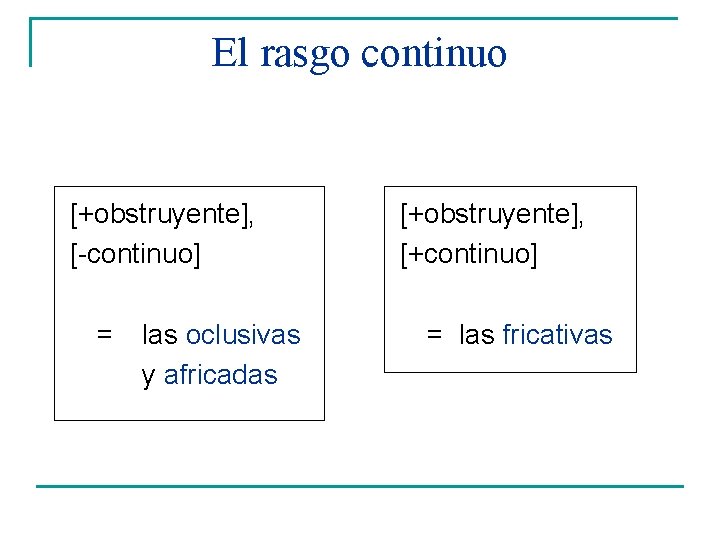 El rasgo continuo [+obstruyente], [-continuo] = las oclusivas y africadas [+obstruyente], [+continuo] = las