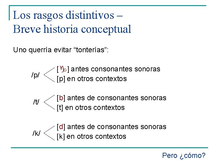 Los rasgos distintivos – Breve historia conceptual Uno querría evitar “tonterías”: /p/ [g] antes