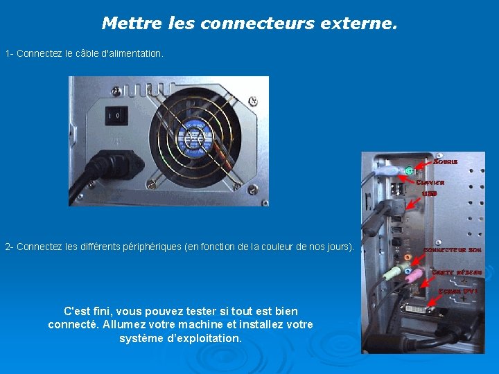 Mettre les connecteurs externe. 1 - Connectez le câble d'alimentation. 2 - Connectez les