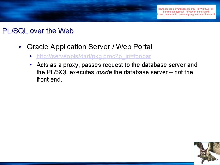 PL/SQL over the Web • Oracle Application Server / Web Portal • http: //server/pls/dad/pkg.