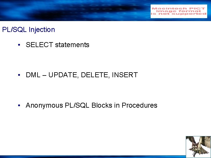 PL/SQL Injection • SELECT statements • DML – UPDATE, DELETE, INSERT • Anonymous PL/SQL