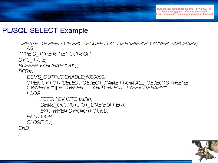 PL/SQL SELECT Example CREATE OR REPLACE PROCEDURE LIST_LIBRARIES(P_OWNER VARCHAR 2) AS TYPE C_TYPE IS