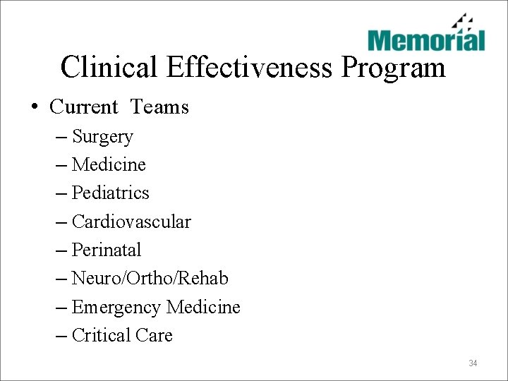 Clinical Effectiveness Program • Current Teams – Surgery – Medicine – Pediatrics – Cardiovascular