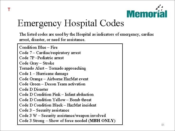 T Emergency Hospital Codes The listed codes are used by the Hospital as indicators