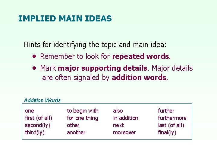 IMPLIED MAIN IDEAS Hints for identifying the topic and main idea: • Remember to