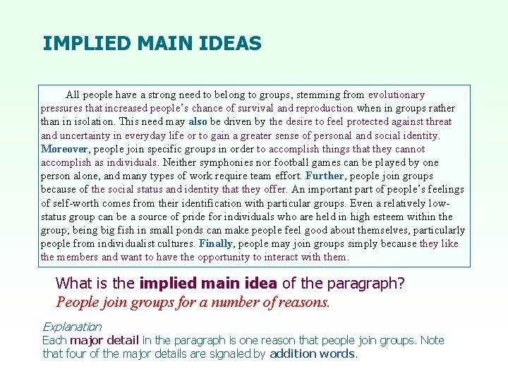IMPLIED MAIN IDEAS All people have a strong need to belong to groups, stemming