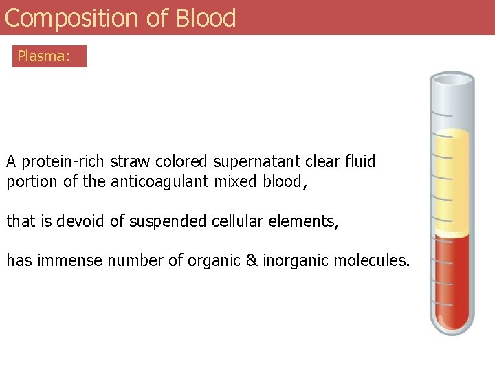 Composition of Blood Plasma: A protein-rich straw colored supernatant clear fluid portion of the