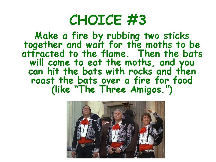 CHOICE #3 Make a fire by rubbing two sticks together and wait for the