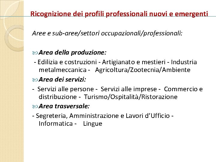 Ricognizione dei profili professionali nuovi e emergenti Aree e sub-aree/settori occupazionali/professionali: Area della produzione: