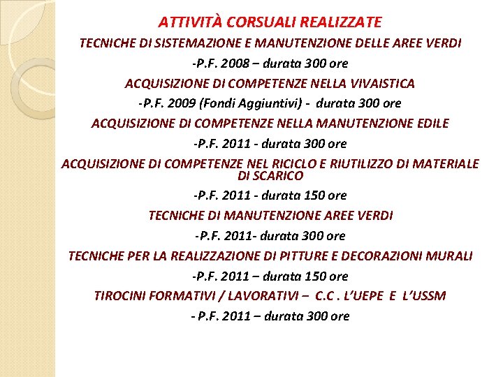 ATTIVITÀ CORSUALI REALIZZATE TECNICHE DI SISTEMAZIONE E MANUTENZIONE DELLE AREE VERDI -P. F. 2008