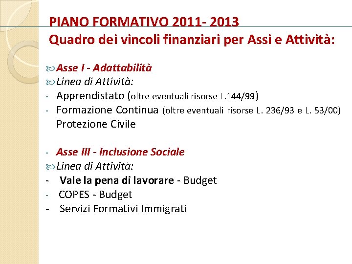 PIANO FORMATIVO 2011 - 2013 Quadro dei vincoli finanziari per Assi e Attività: Asse