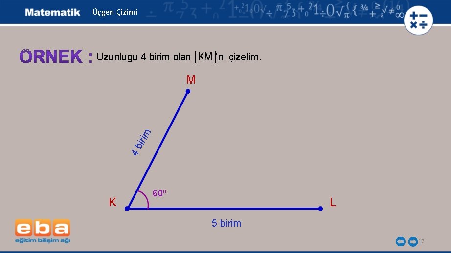 Üçgen Çizimi Uzunluğu 4 birim olan ‘nı çizelim. 4 b irim M K 60