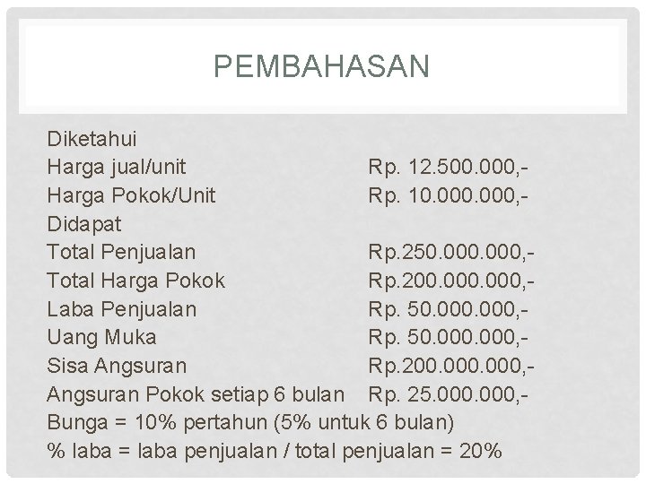 PEMBAHASAN Diketahui Harga jual/unit Rp. 12. 500. 000, Harga Pokok/Unit Rp. 10. 000, Didapat PEMBAHASAN Diketahui Harga jual/unit Rp. 12. 500. 000, Harga Pokok/Unit Rp. 10. 000, Didapat