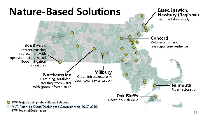 Nature-Based Solutions Essex, Ipswich, Newbury (Regional) Sedimentation study Concord Reforestation and municipal tree resilience Nature-Based Solutions Essex, Ipswich, Newbury (Regional) Sedimentation study Concord Reforestation and municipal tree resilience