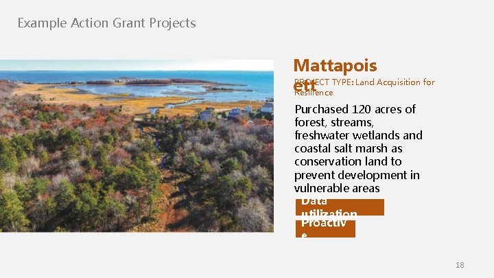 Example Action Grant Projects Mattapois PROJECT TYPE: Land Acquisition for ett Resilience Purchased 120 Example Action Grant Projects Mattapois PROJECT TYPE: Land Acquisition for ett Resilience Purchased 120