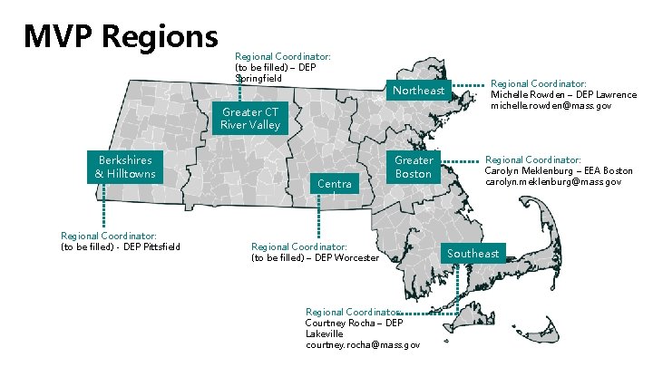 MVP Regions Regional Coordinator: (to be filled) – DEP Springfield Northeast Greater CT River MVP Regions Regional Coordinator: (to be filled) – DEP Springfield Northeast Greater CT River